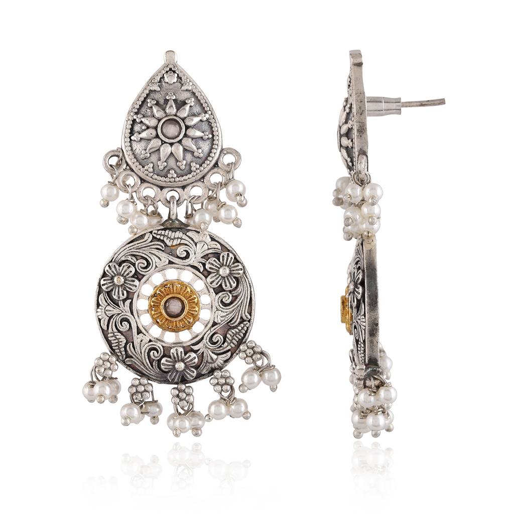 Silver Oxidised Pearl Beaded Dangler Earrings - Antique Elegance : 8905124582406