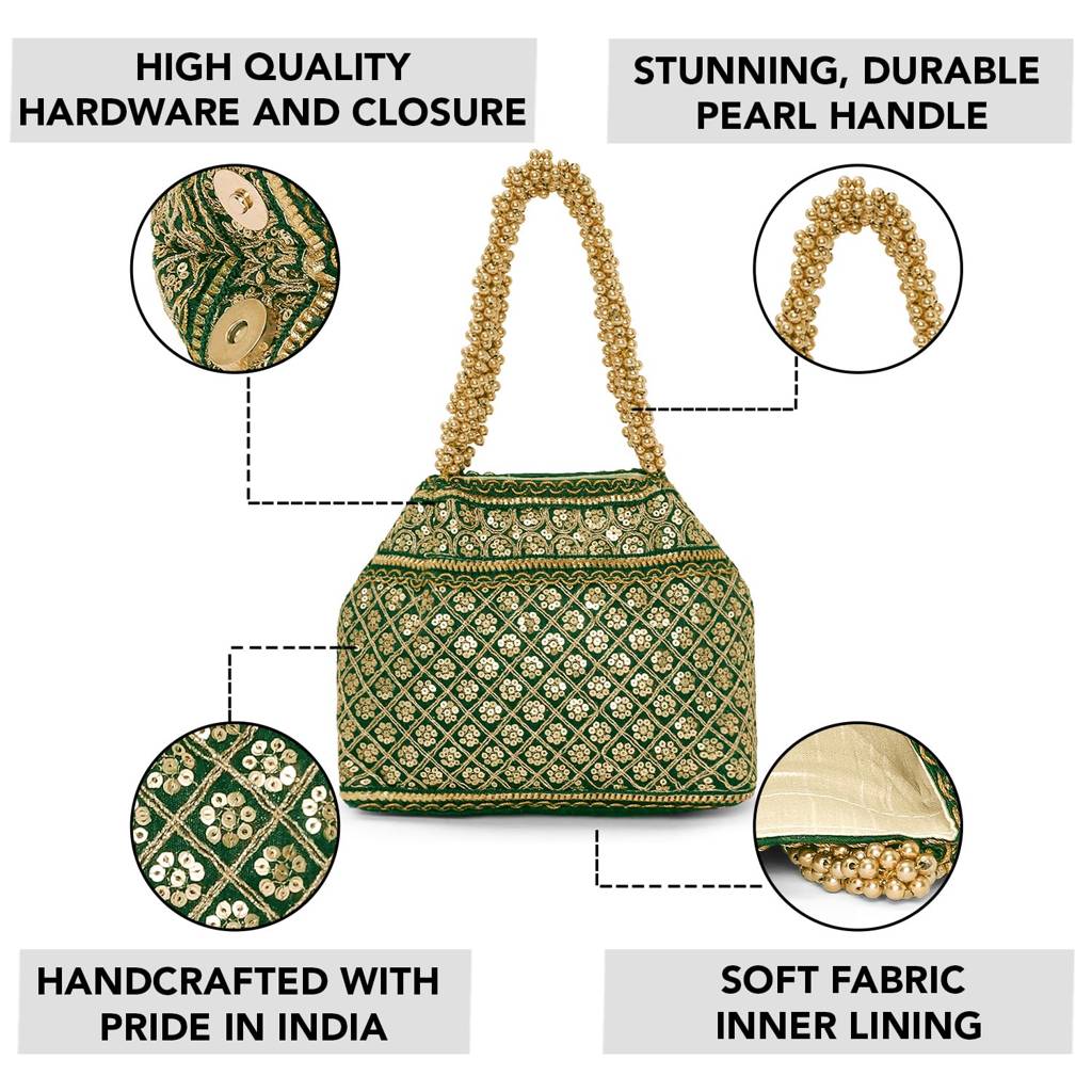 Green Patterned Potli Bag Ethnic Wristlet Purse For Women & Girls : P121GRN