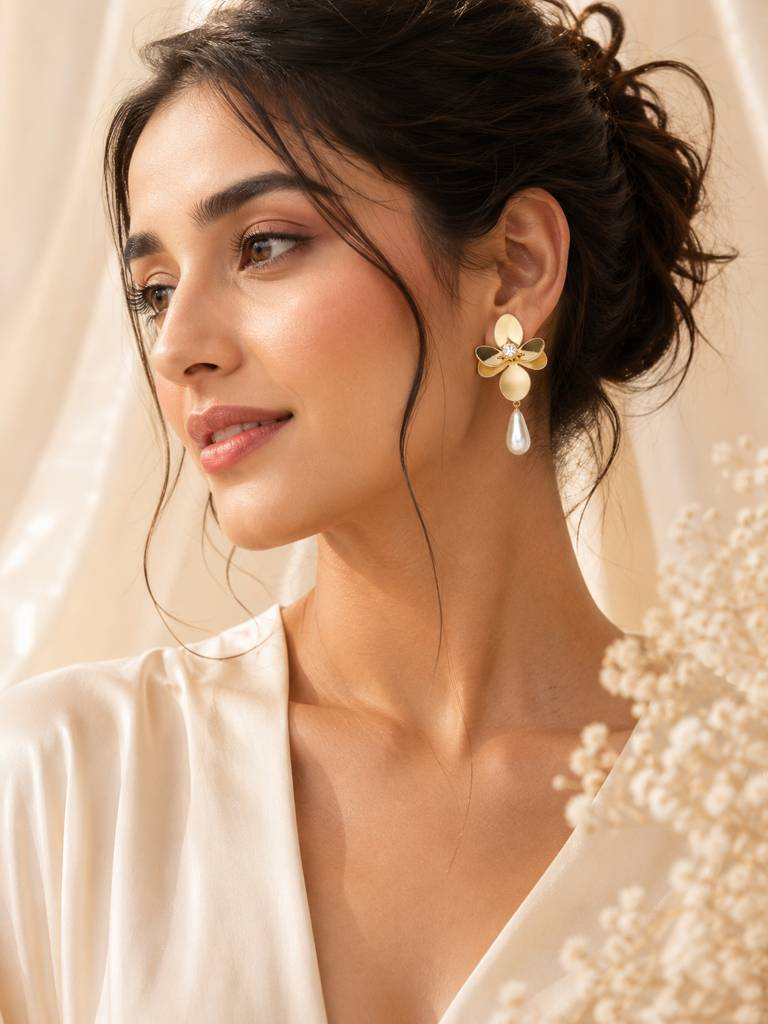 Pearl Drop Floral Gold Earrings : AN-LJ-G0-0071-DE