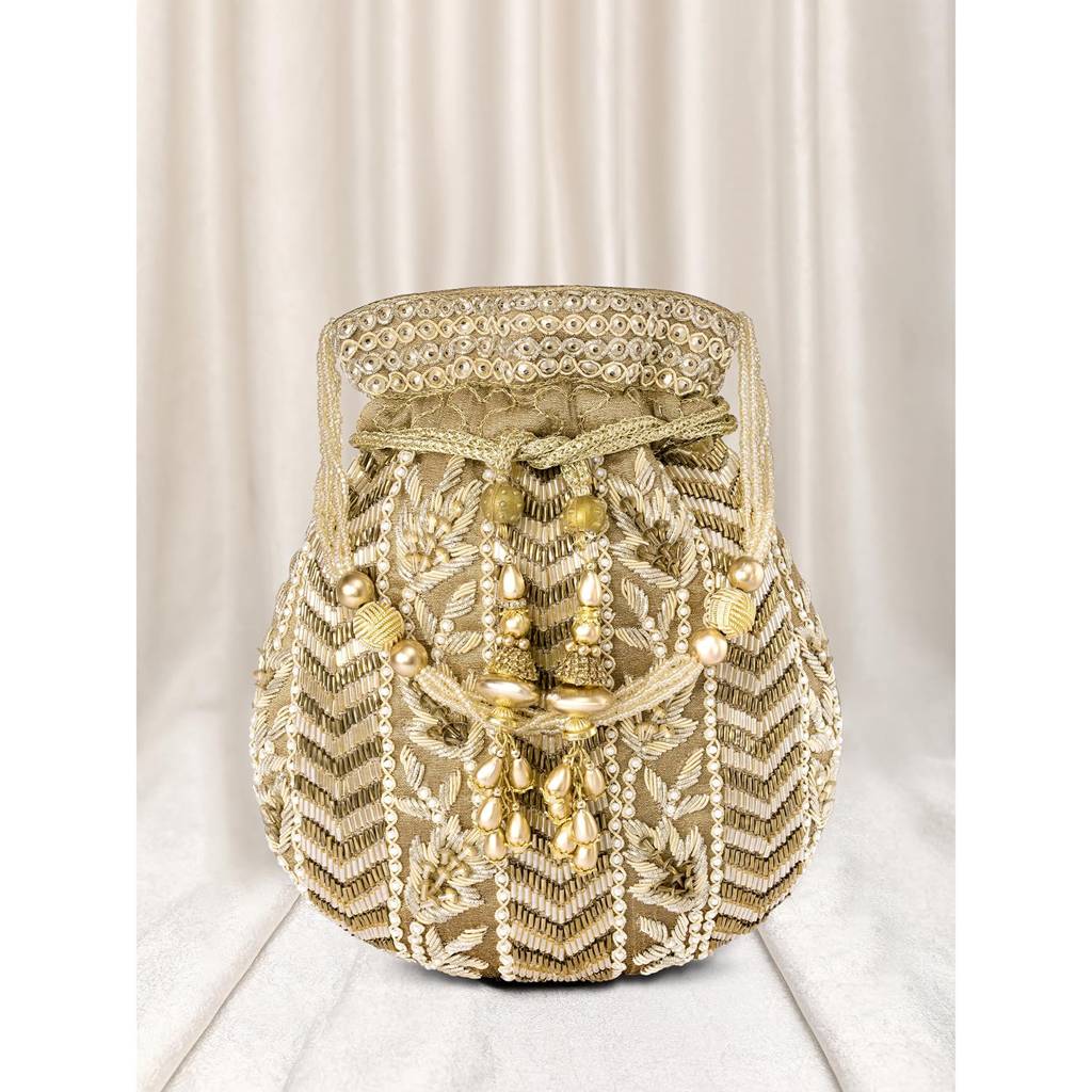 Potli Bag For Women Handmade Evening Wristlet Handbag Stylish Bridal Purse Fashion Bag For Girls (P128Crm) : P128G