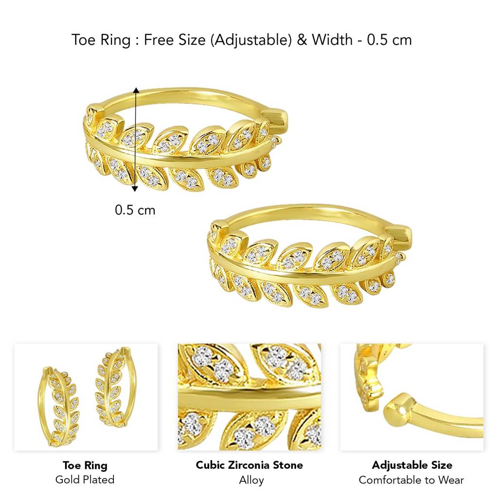 Gold Plated Cubic Zirconia Studded Leaf Style Adjustable Toe Ring Stylish Fashion Jewellery For Women : PX9TR03