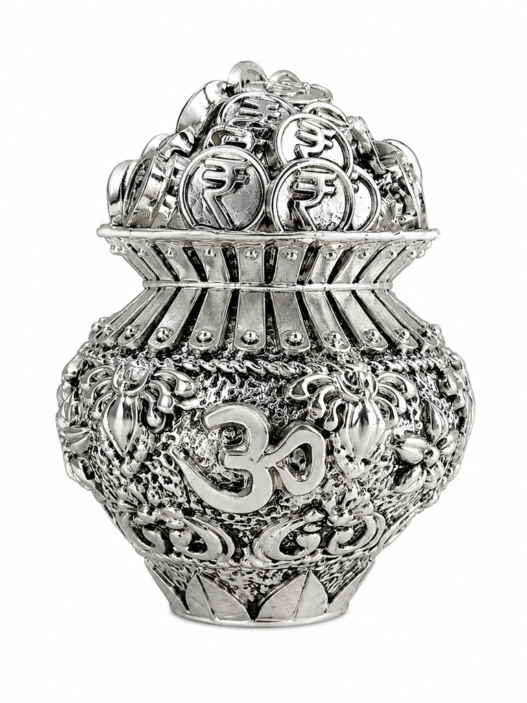 999 Silver Plated Kuber Kalash With Rupee Coin Design & Om Symbol | Antique Finish Prosperity Kalash For Hom : SMK-GFT-PJA-001