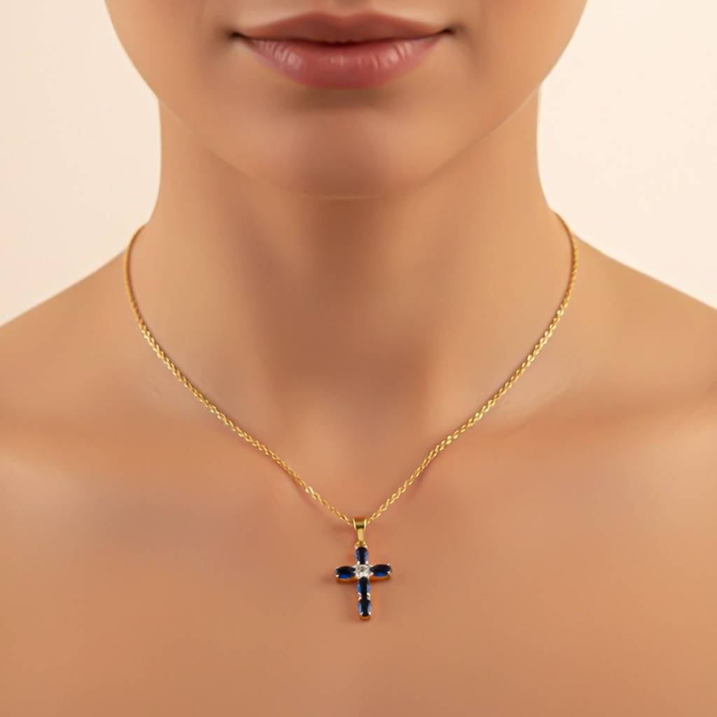 Silver Blue Sapphire Cross Pendant : ZLP-1167