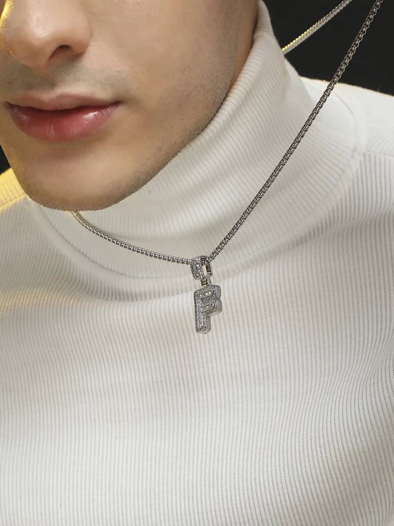 Men'S Embellished Alphabet Pendant Necklace - Silver : FANC1071-F