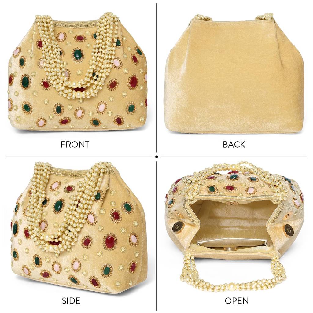 Gold Suede Fabric Pearl Potli Bag For Women Handmade Ethnic Handbag Stylish Bridal Fashion Wristlet Bag For Girls : P200G-F