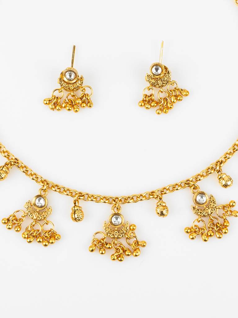 Gold-Plated Traditional Jhumka Necklace Set For Women | White Stone Ethnic Jewellery With Earrings | Bridal & Festive : NK4802