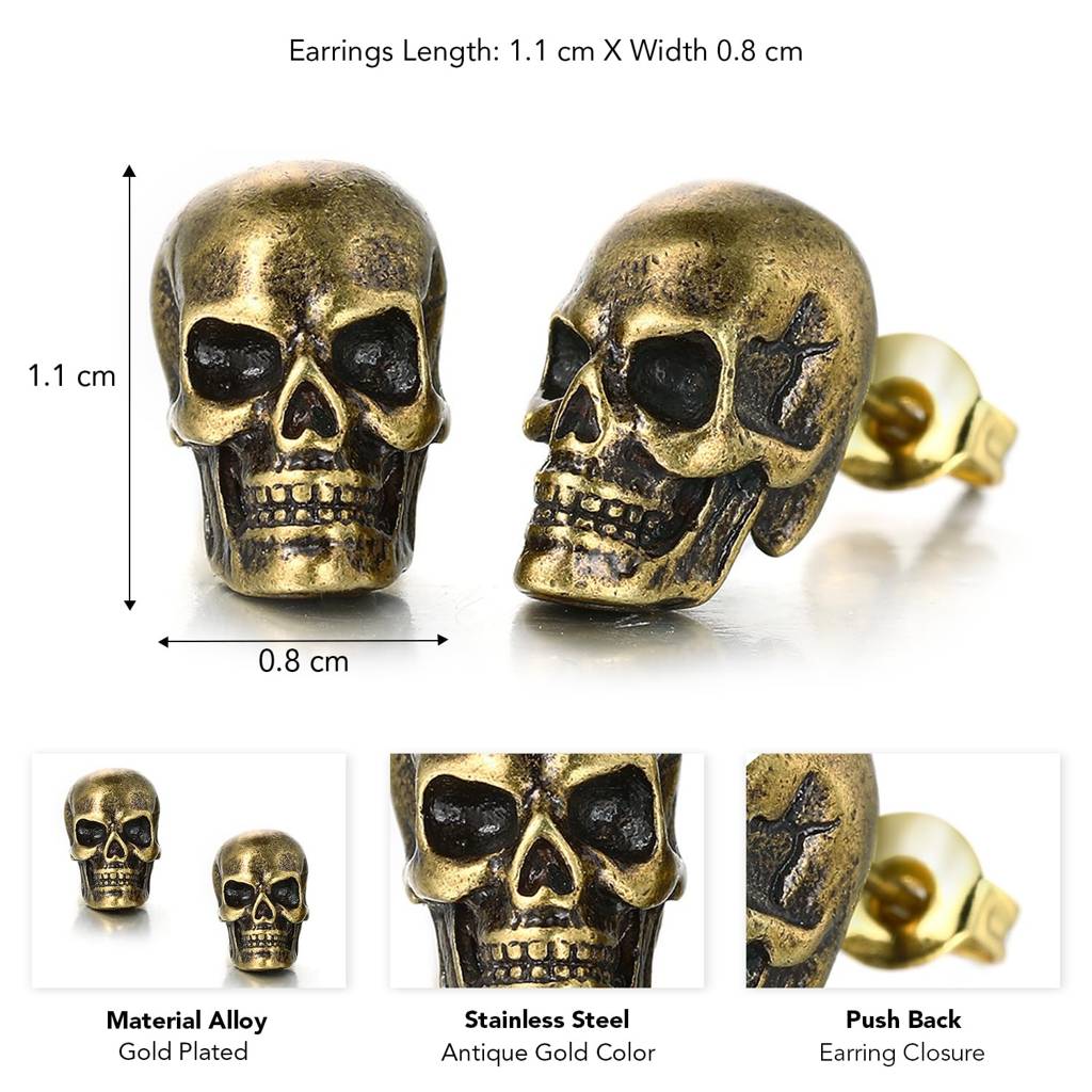 Gold Plated 316L Stainless Steel Skull Stud Earrings Jewellery For Men & Boys : PX9ME03AB