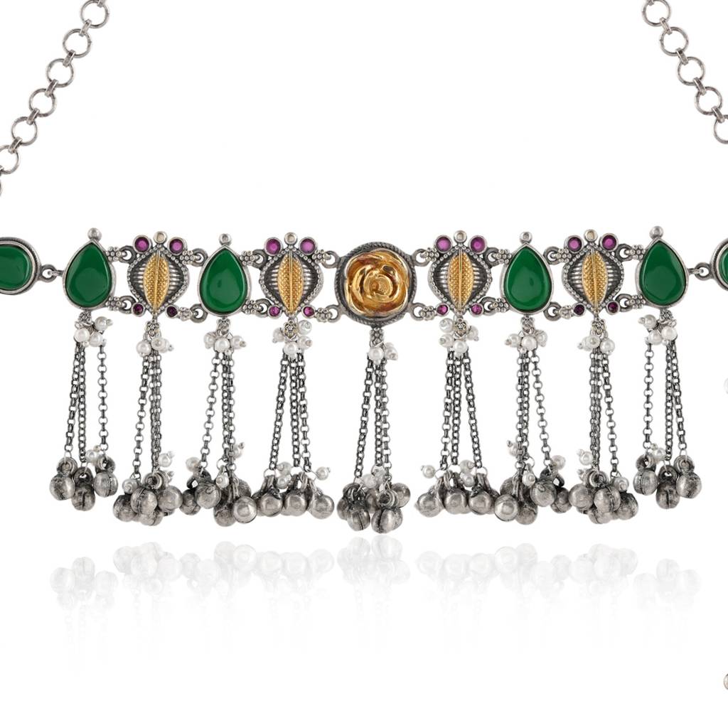 Oxidised Silver Ghungroo Choker Necklace & Earrings Stone Detailing- Antique Elegance : 8905124582765