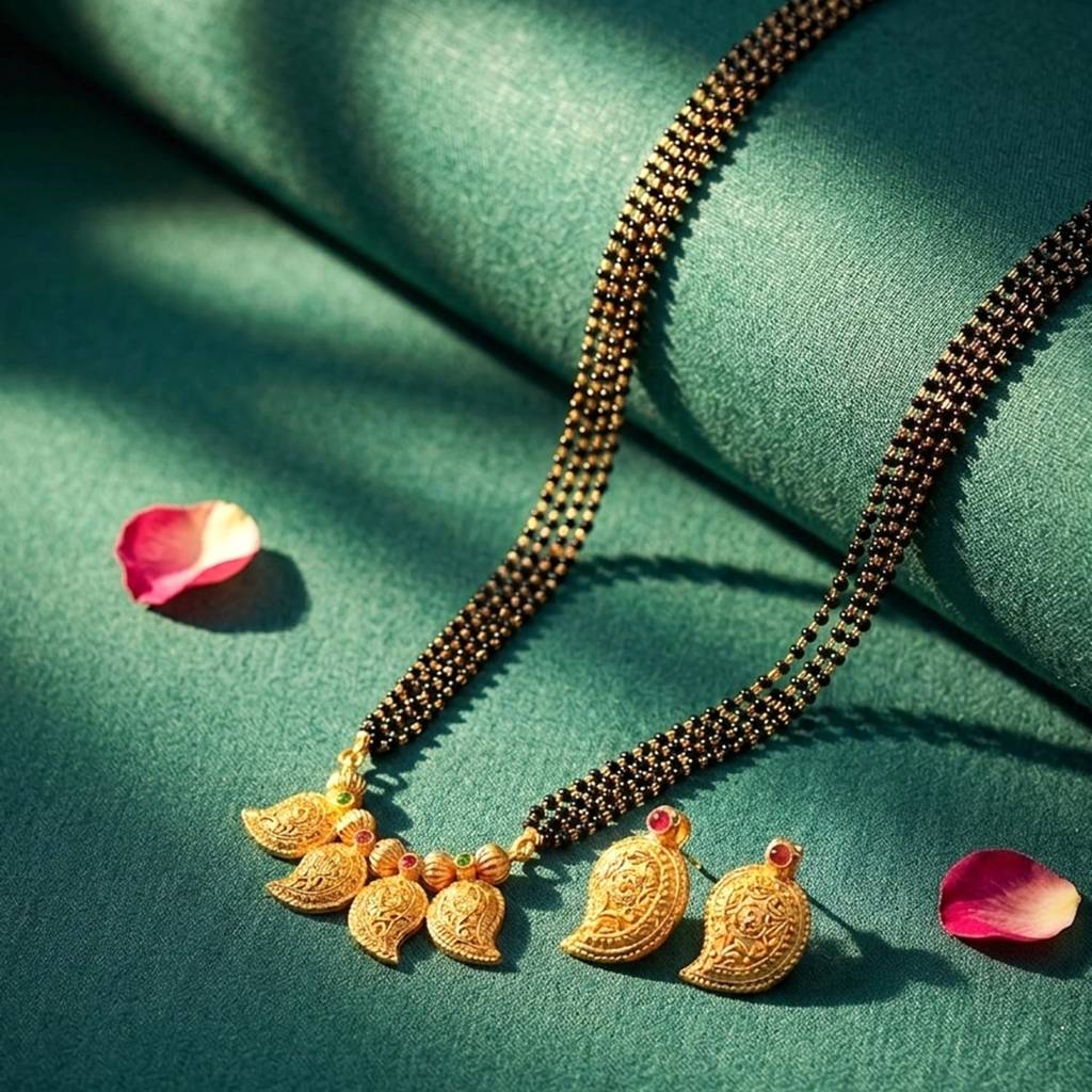 Traditional Gold Plated Mangalsutra Earrings Set For Women | Faux Ruby & Emerald Studded | Festive & Bridal Jewel : PF04MS13RG