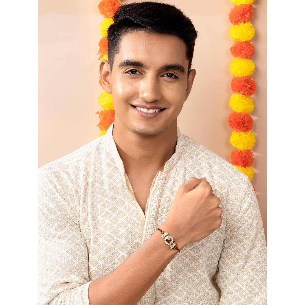 Rakhshabandhan Thread Elegant Rakhi For Brother Bhaiya | Gold Plated | Redgreen Crystal & Kundan Studded | Rakhi Ham : R26S034