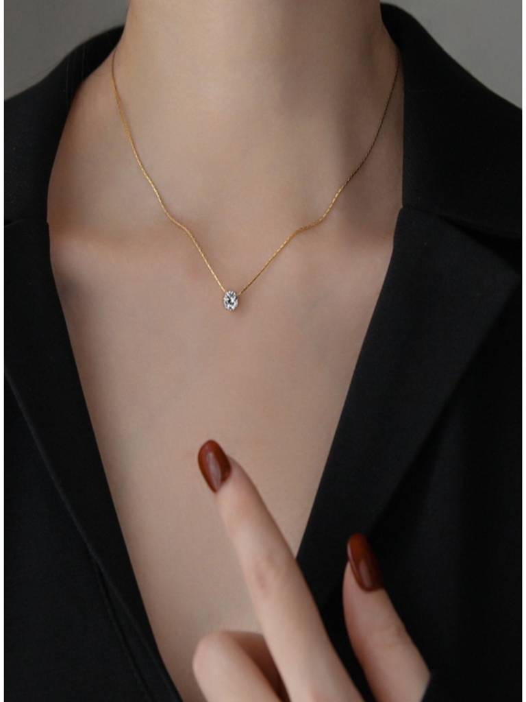Minimal Single Zircon Thin Chain Necklace 18K Plated Anti-Tarnish : AHM0126N713G