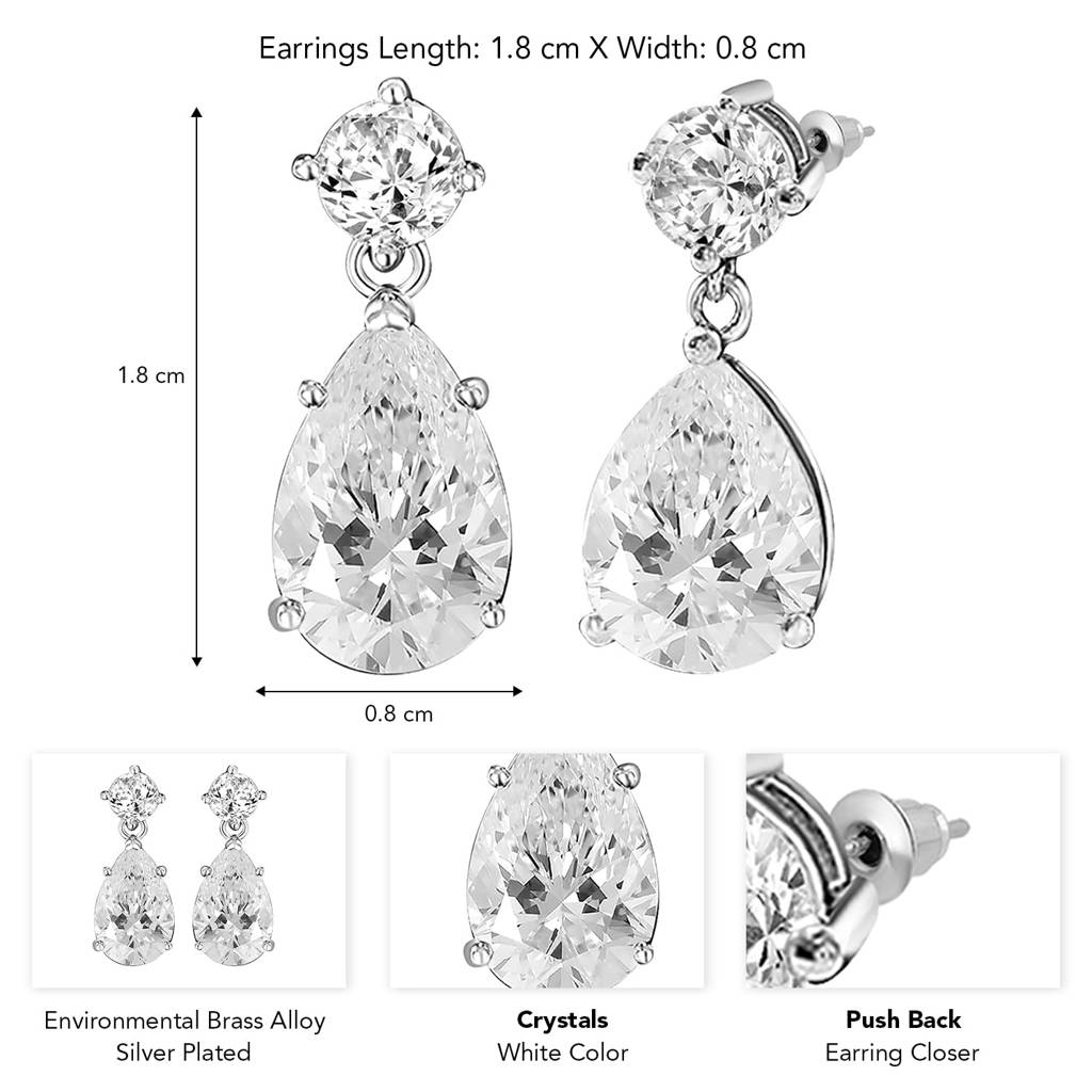 Silver Plated White Crystal Studded Tear Drop Shaped Fancy Earrings Fashion Jewellery For Women & Girls : PX9E3029W