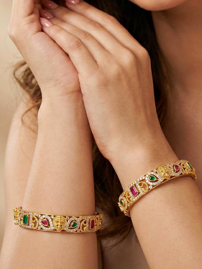 Gold Plated Laxmi Ji Idol Ad Stone Bangle For Women With Pink & Green Stones | Traditional Temple Weddin : 1599-C1BG-2225-2-24