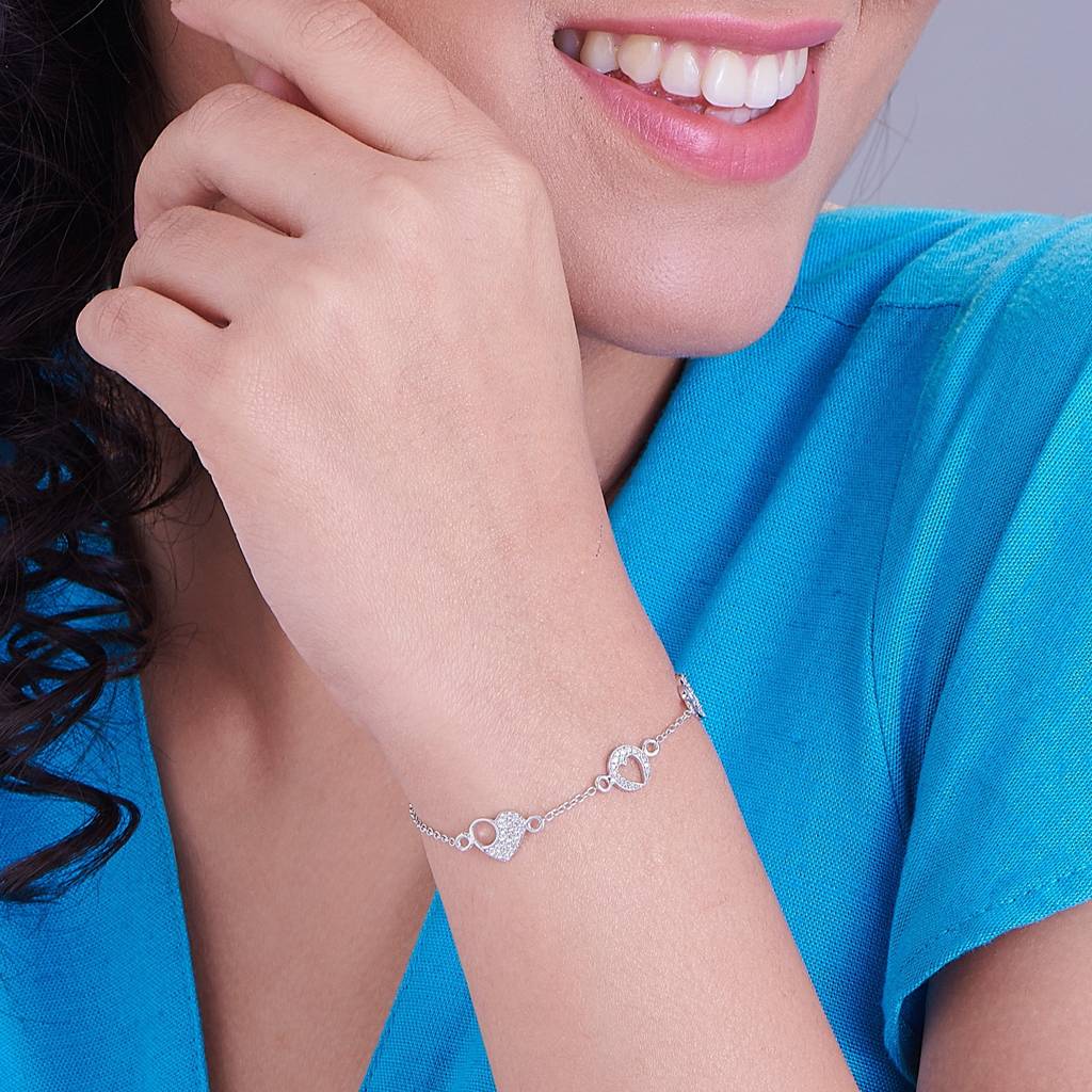 Sparkling 925 Sterling Silver Heart Bracelet With White Cz Stones : NBRWW00500007