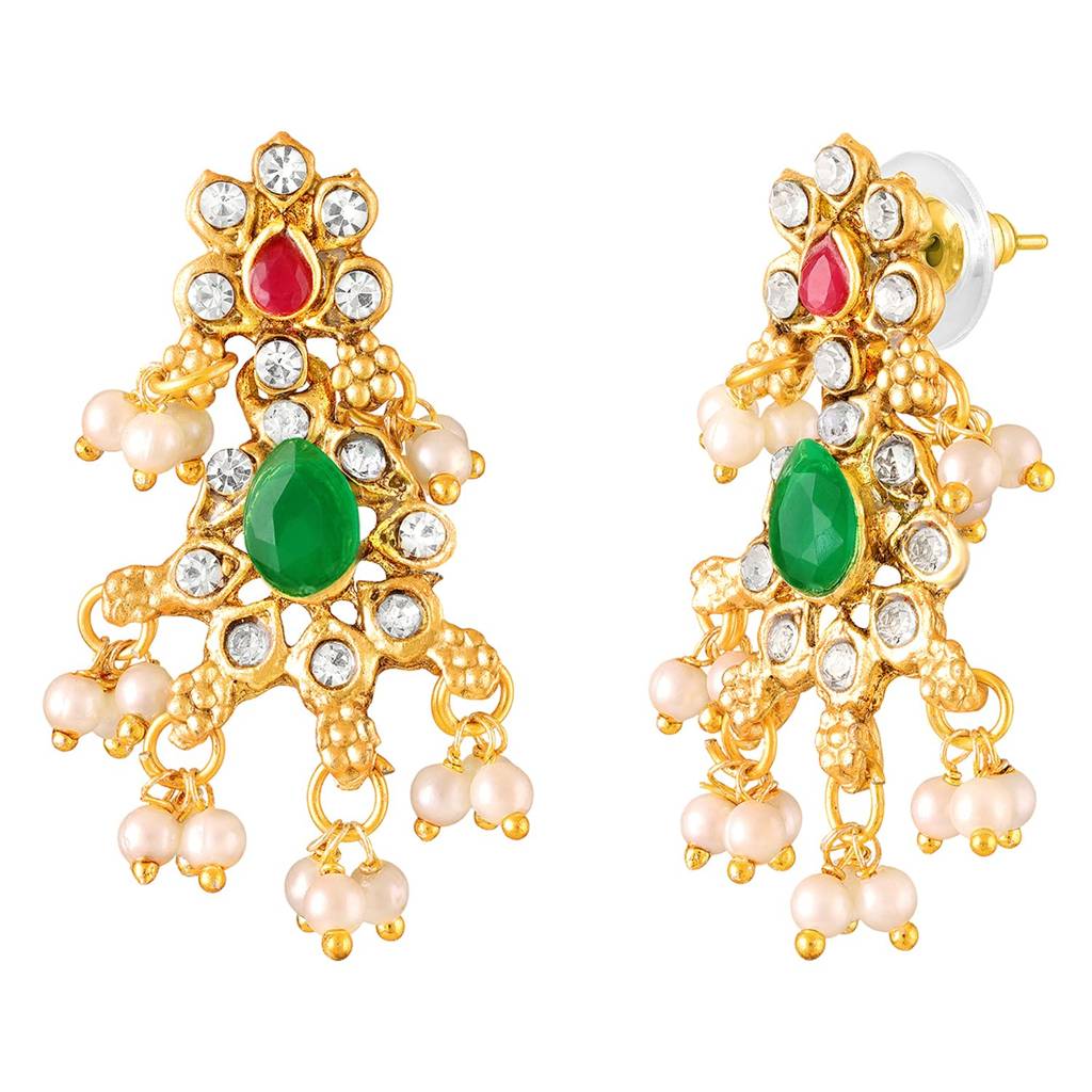Gold Plated Faux Emerald Faux Ruby & Beads Studded Choker & Long Necklace Earrings Set Ethnic Bridal Jewellery F : PF47BR07RPG