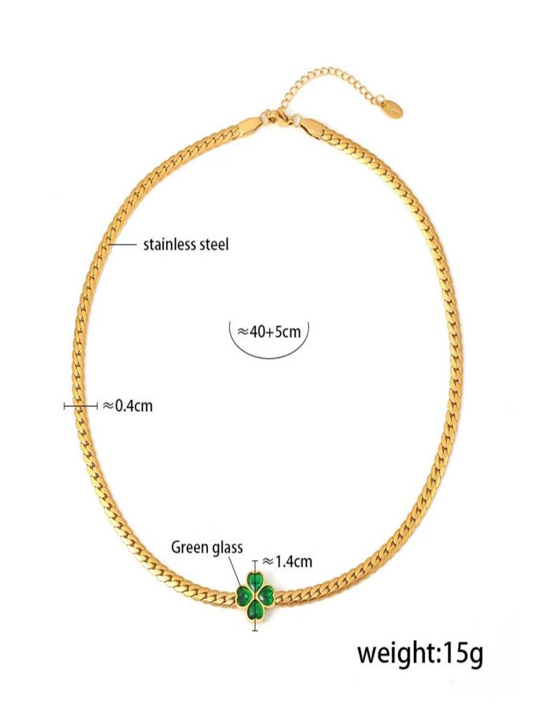 Clover Glass Pendant Necklace For Women Anti-Tarnish Waterproof 18K Gold Plated : ALL1125N077GR