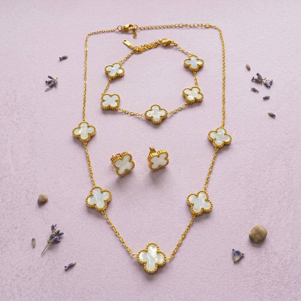 Gold Plated Clover Charm Necklace & Stud Earrings Set : STNEC-1299-A8134