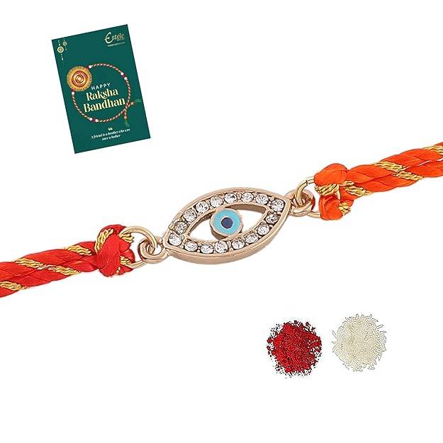 Gold Plated Auspicious Evil Eye Rakhi With Austrian Crystals And Multi Colored Silk Thread : 134-IG-RAKHI