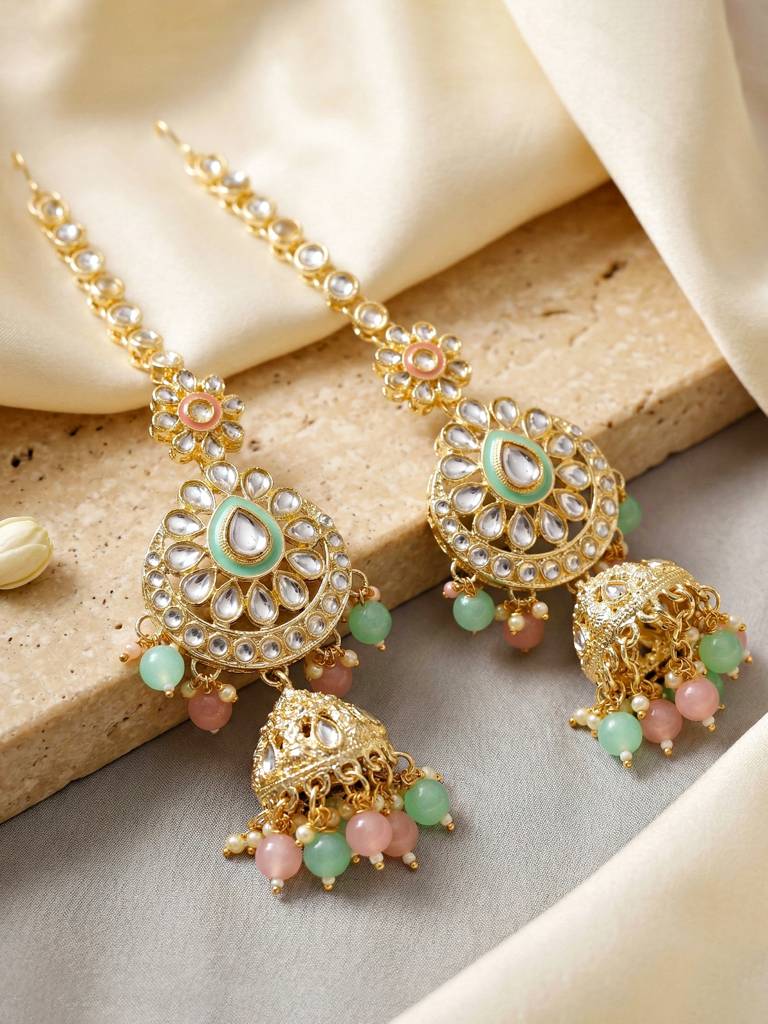 Bridal Kundan Jewellery Set With Hathphool & Nath : 2541-IZK-554-PKMNT
