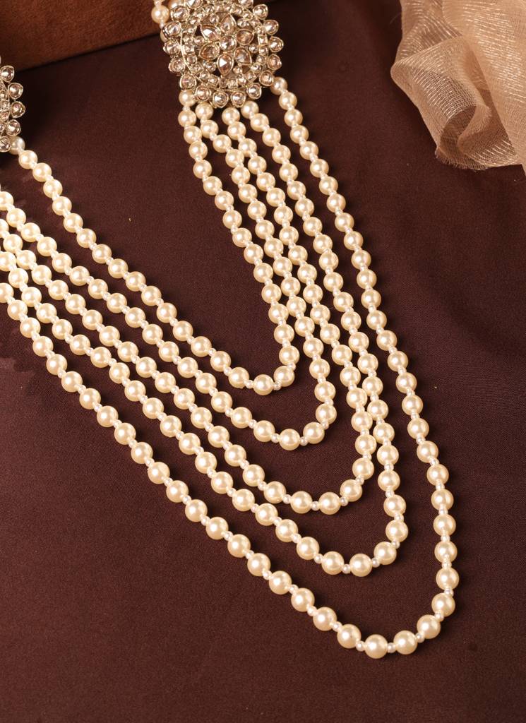 Royal Flower Design Pearl 5 String Brown Stone Kundan Antique Gold Plated Long Haram Necklace Mala For Women And : 6ML76_BROWN