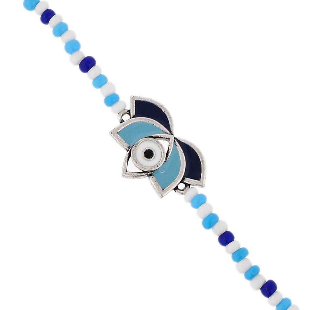 Evil Eye Lotus Shape Blue-White Beads Chain Bracelet : 8905124479270
