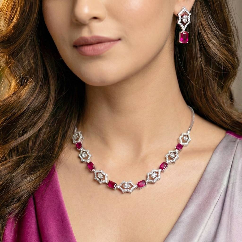 Silver-Tone American Diamond Necklace Set With Earrings For Women – Office, Party & Wedding Wear : 628-K4SA-2240-R-S