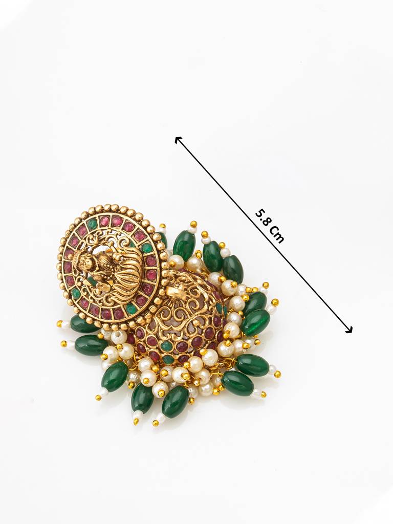 Traditional Antique Gold Temple Lakshmi Long Haram Necklace Set With Peacock Coin Chain, Green Beads And Jhumki Earri : NK4208