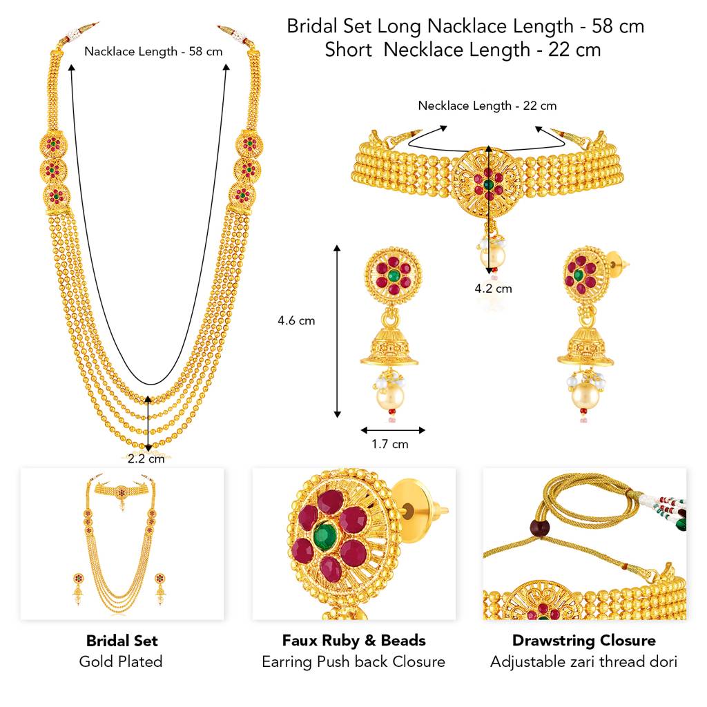 Gold Plated Faux Ruby & Beads Studded Short & Long Necklace Earrings Ethnic Bridal Set Jewellery For Women & Girls : PF04BR02RG