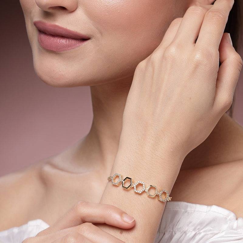 American Diamond Hexagon Chain Bracelet – Exclusive Gold Plated, Lightweight Daily To Party : AD-136-IGBR
