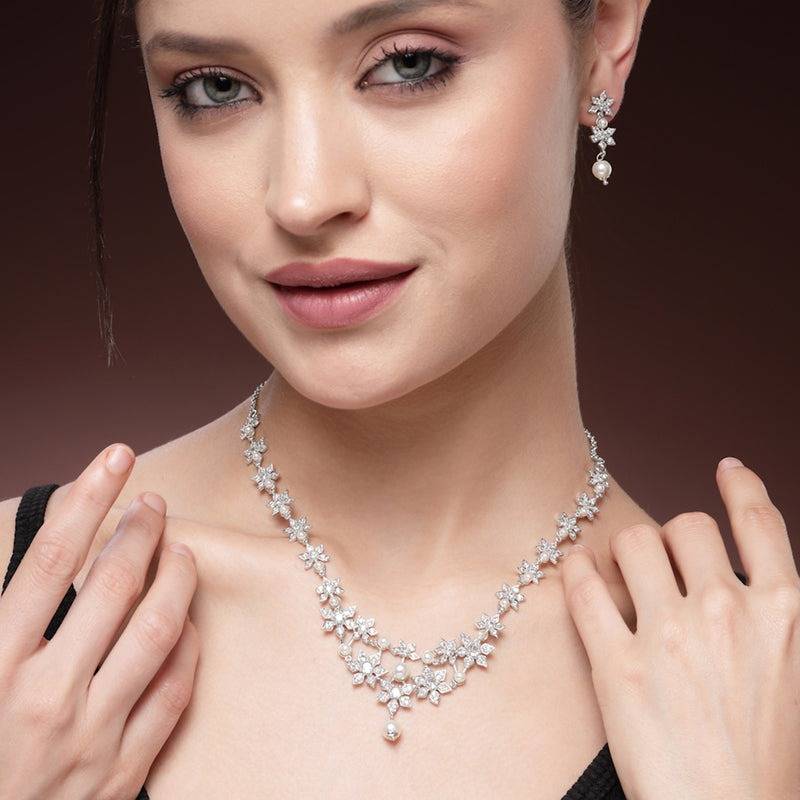 Premium Designer Rhodium Plated Pearl & American Diamond Necklace Set – Lightweight Exclusive Festive & Part : AD-835-IRWENKER