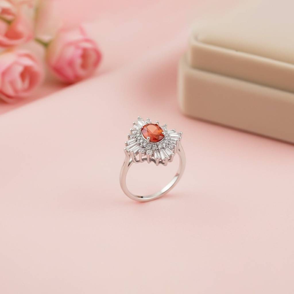 Silver Red Ruby Sunburst Halo Ring : ZLR-1214-10