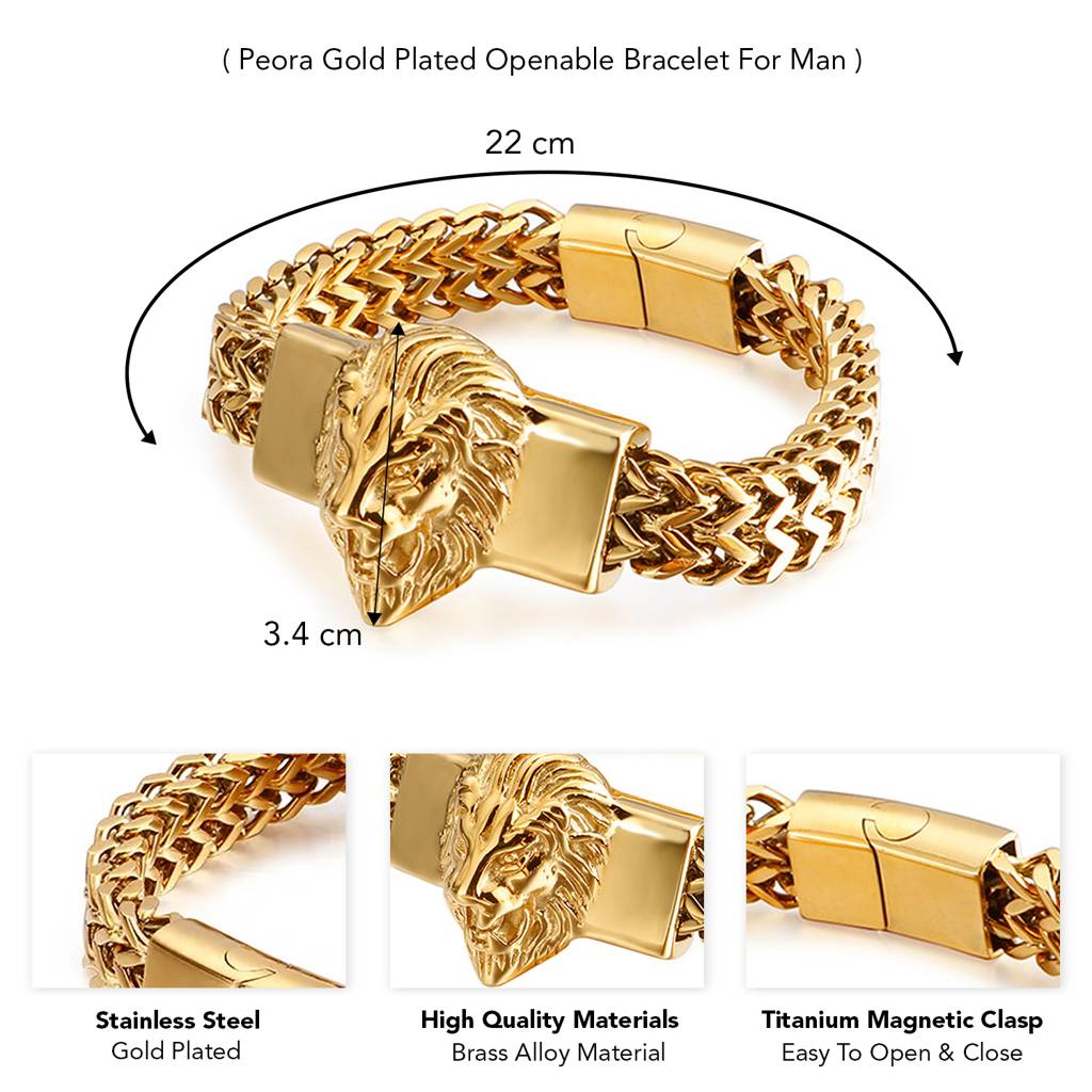 Gold Plated Stainless Steel Metal Bracelet Openable Lion Head Design Stylish Jewellery For Men & Boys : PX5SB64G