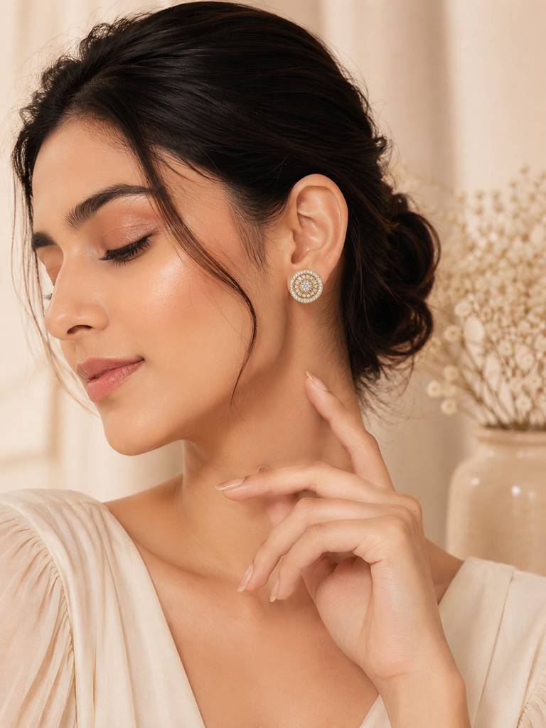 Sunburst Halo Cz Stud Earrings In 18K Gold Plating : AN-VM-GO-0148-DE