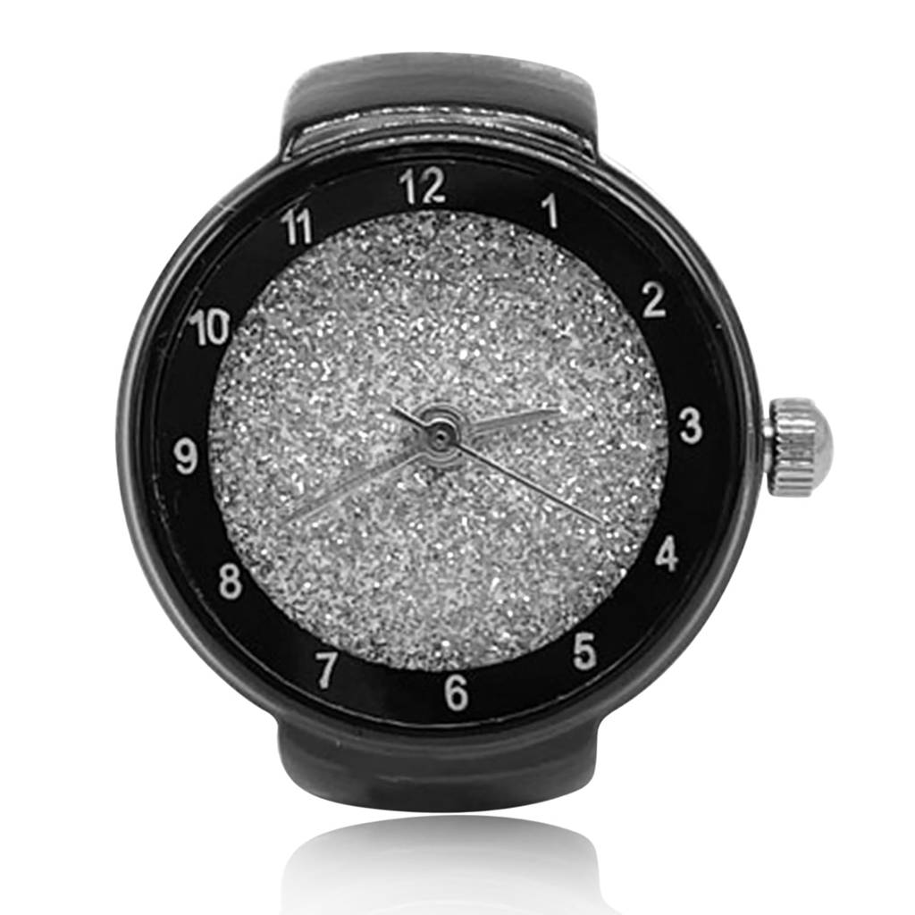 Stainless Steel Black Analog Watch Style Strechable Finger Ring Fancy Jewellery For Girls Women (Free Size) : PX9RW09BL
