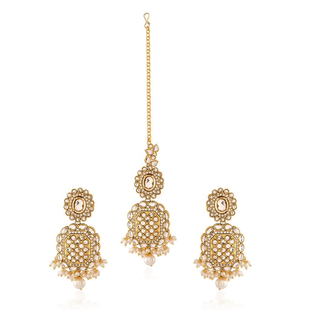 Kundan Opulance White Smoke Cz-Pearl Yellow Gold-Plated Dangler Set : 8905124585339