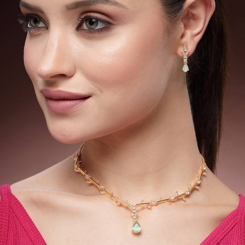 Timeless Elegance: American Diamond Leaf Motif Necklace Set – Chic Lightweight Jewelry For Reception Nights : AD-854-IGMGNKER