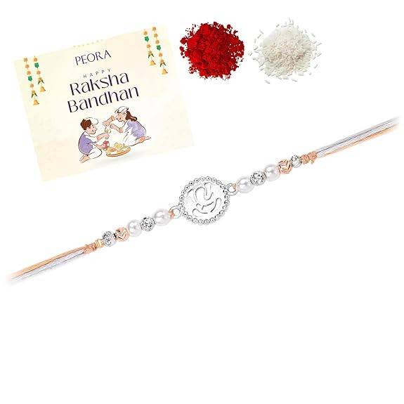 925 Sterling Silver Ganesha & Beads Studded Rakhi For Brother Bhaiya Cream & Grey Thread Raksha Bandhan Hamper With R : R18S03