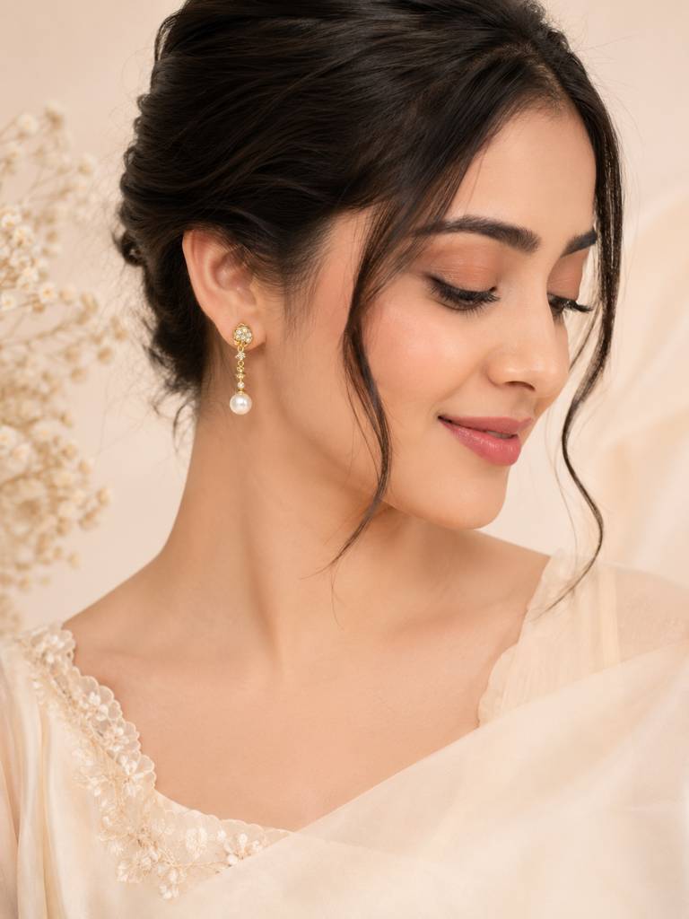 Pearl Drop Earrings With Cubic Zirconia In 18K Gold Plating : AN-VM-GO-0139-DE