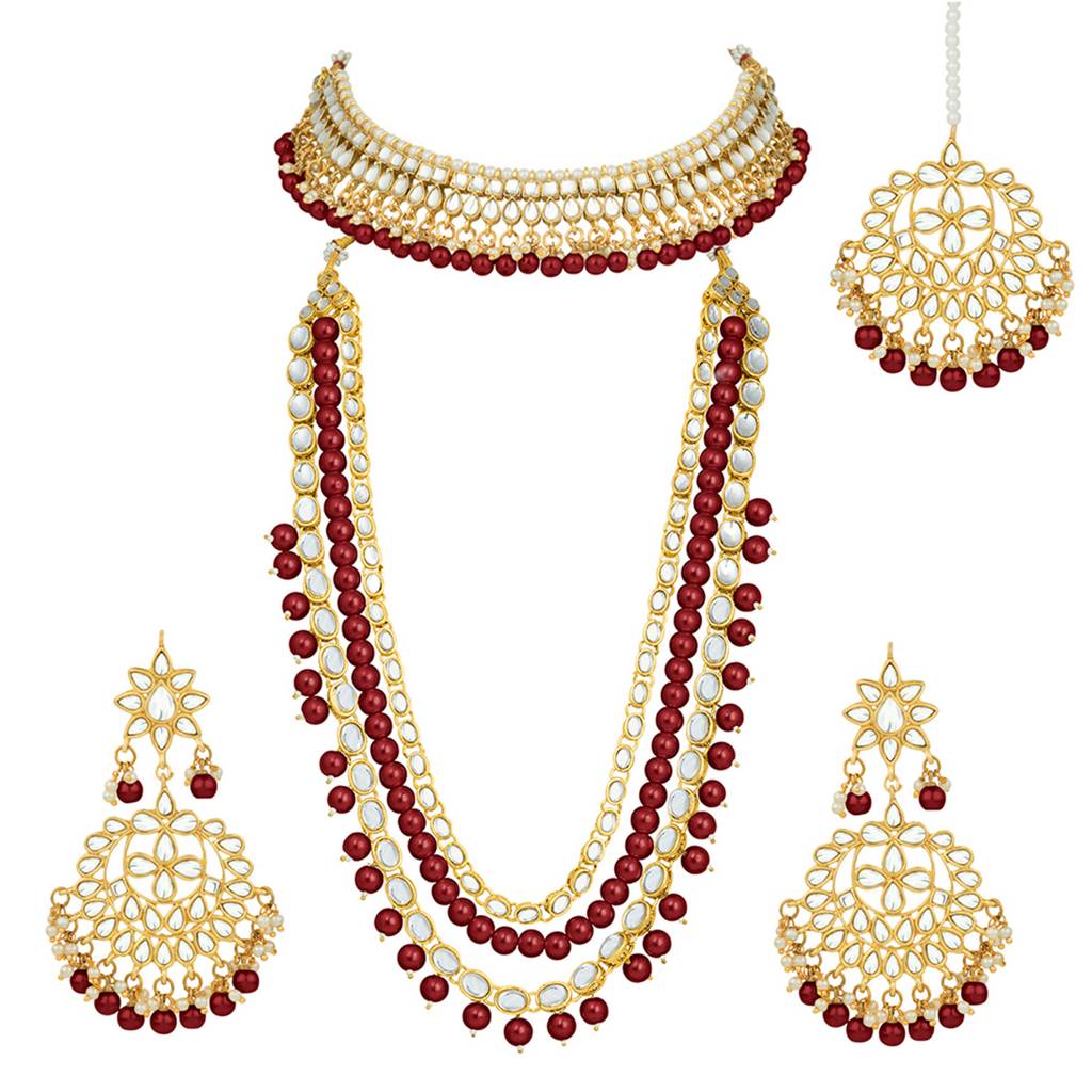 Peora Indian Traditional 18K Gold Plated Kundan Faux Bead Choker Long Necklace Earrings Maang Tikka Jewellery Bri : PF25BR001M