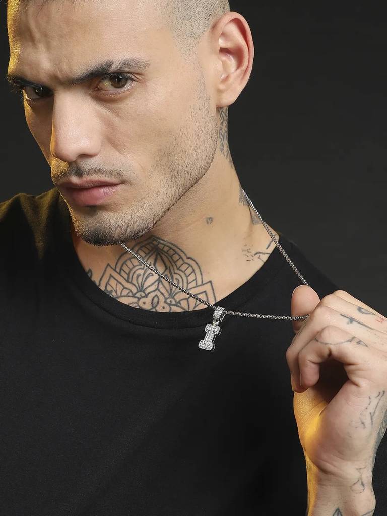 Men'S Embellished Alphabet Pendant Necklace - Silver : FANC1071-I