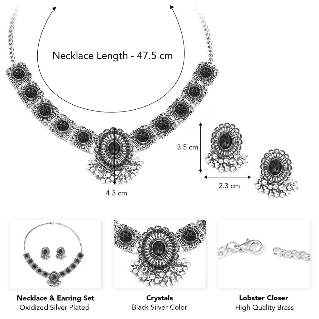 Oxidized Silver Plated Black Artificial Stone Studded Floral Style Choker Necklace With Earrings Set Fashion Jew : PX9N167OXBL