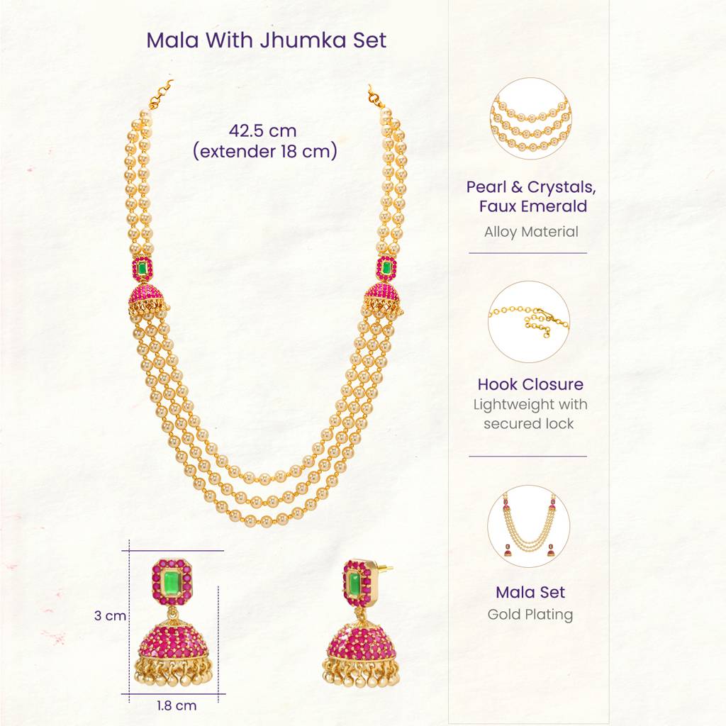 Ethnic Beads Layered Long Mala Necklace Earrings Set For Womengold Plated Faux Ruby Emerald & Pearl Traditional F : PF10ML27RG