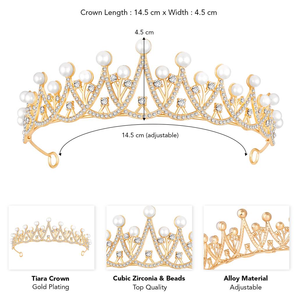 Gold Plated Cubic Zirconia & Pearl Studded Princess Tiara Crown Hair Accessory For Girls & Women : PX9CW04G