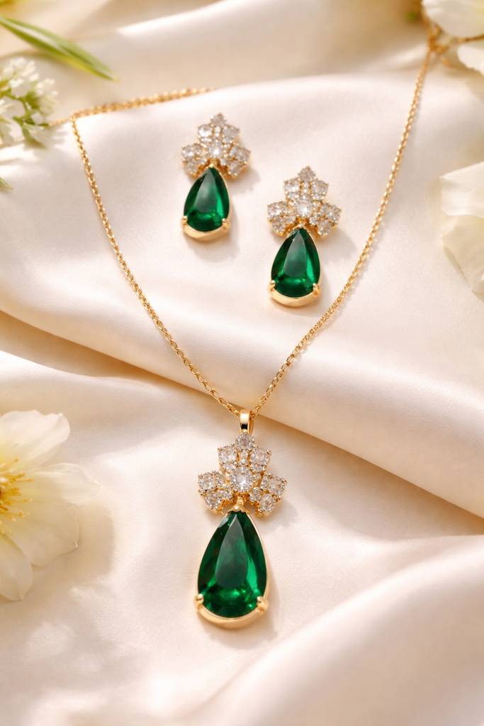 Minimal Gold Green Stone Necklace Set : NEC-799-A8064