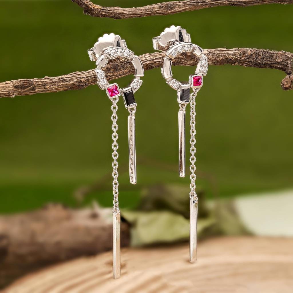 925 Silver Art Deco Chain Earrings Cz Dangle : SE_000966