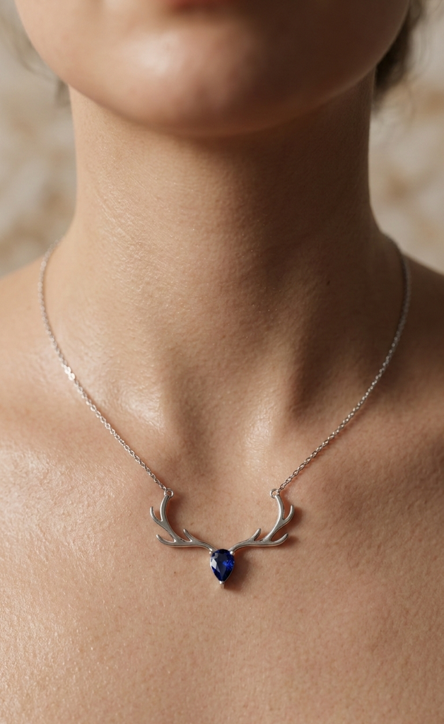 925  Sterling Silver Majestic Deer Antler Blue Stone Jewellery Pendant : SMK-W-N-005