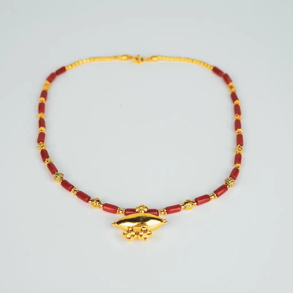 Tribal Necklace With Corals And Carved Beads | 92.5 Silver | 22K Gold Plated : 7027607