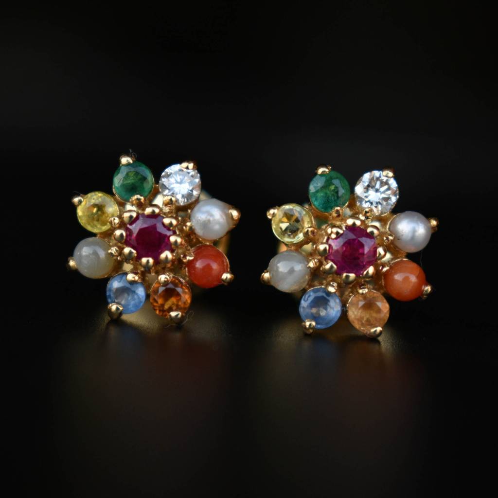 Navratan Diamond Diamond Earrings Studs In 14K Yellow Gold : T588-14Y-S-P