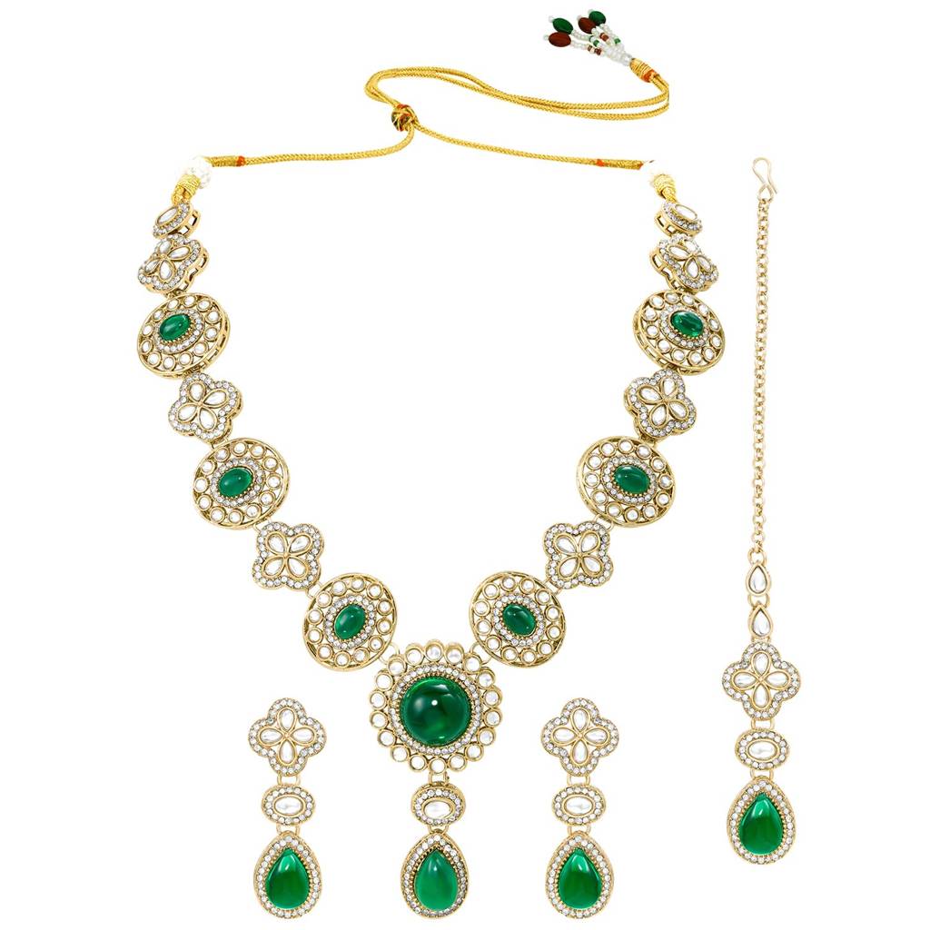 Fancy Green Crystal Studded Necklace Earring Maangtikka Set For Women : PF28N398GRN