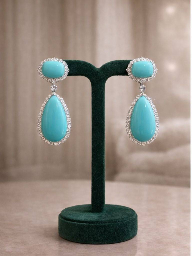 Sea Blue American Diamond Studded Premium Party Long Earrings : 100014